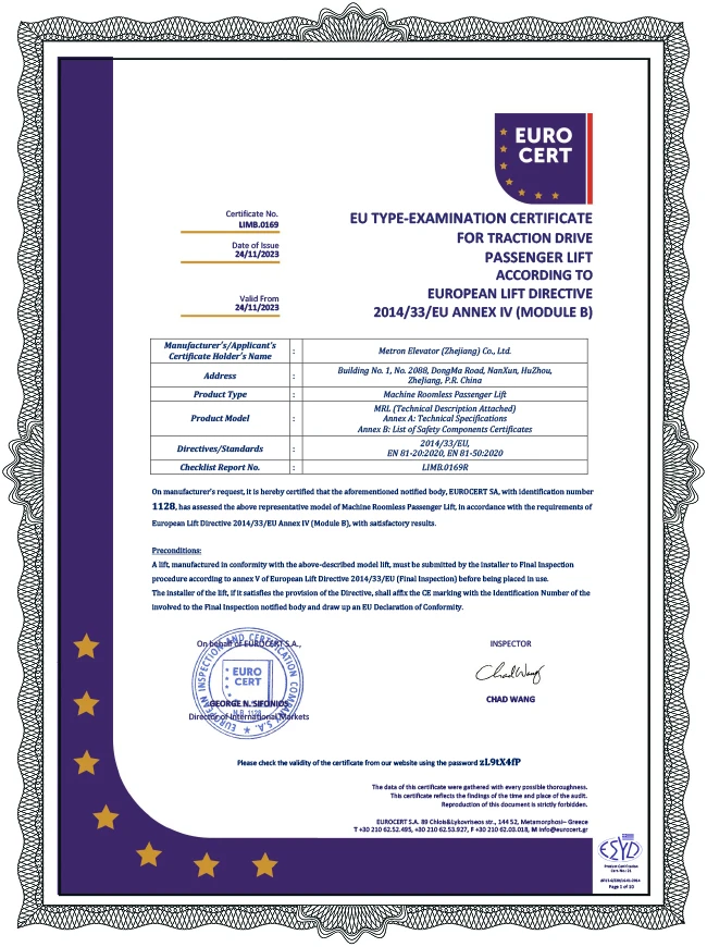 CE Certificate for MRL Elevator